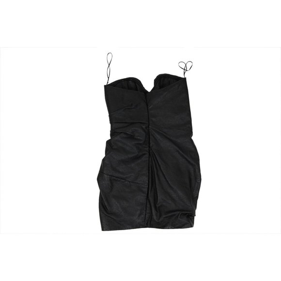 Saint Laurent Womens Strapless Mini Dress Size 38 Black Leather Side Bow Ruffled - Picture 13 of 13